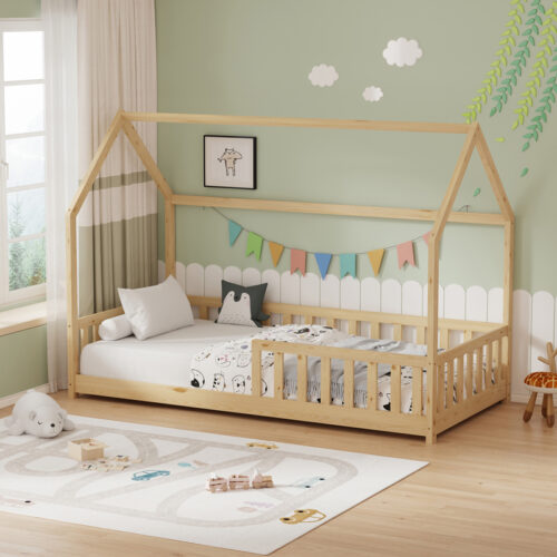 Παιδικό κρεβάτι Bambie με κιγκλίδωμα τ. Montessori pakoworld ξύλο πεύκου σε φυσική απόχρωση 90x190εκ (x1)