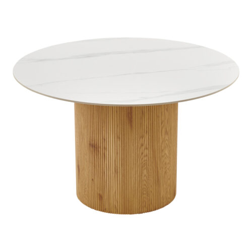 Τραπέζι Sikulu pakoworld oak MDF με κεραμική επιφάνεια σε λευκό μαρμάρου Φ125x77εκ (x1)
