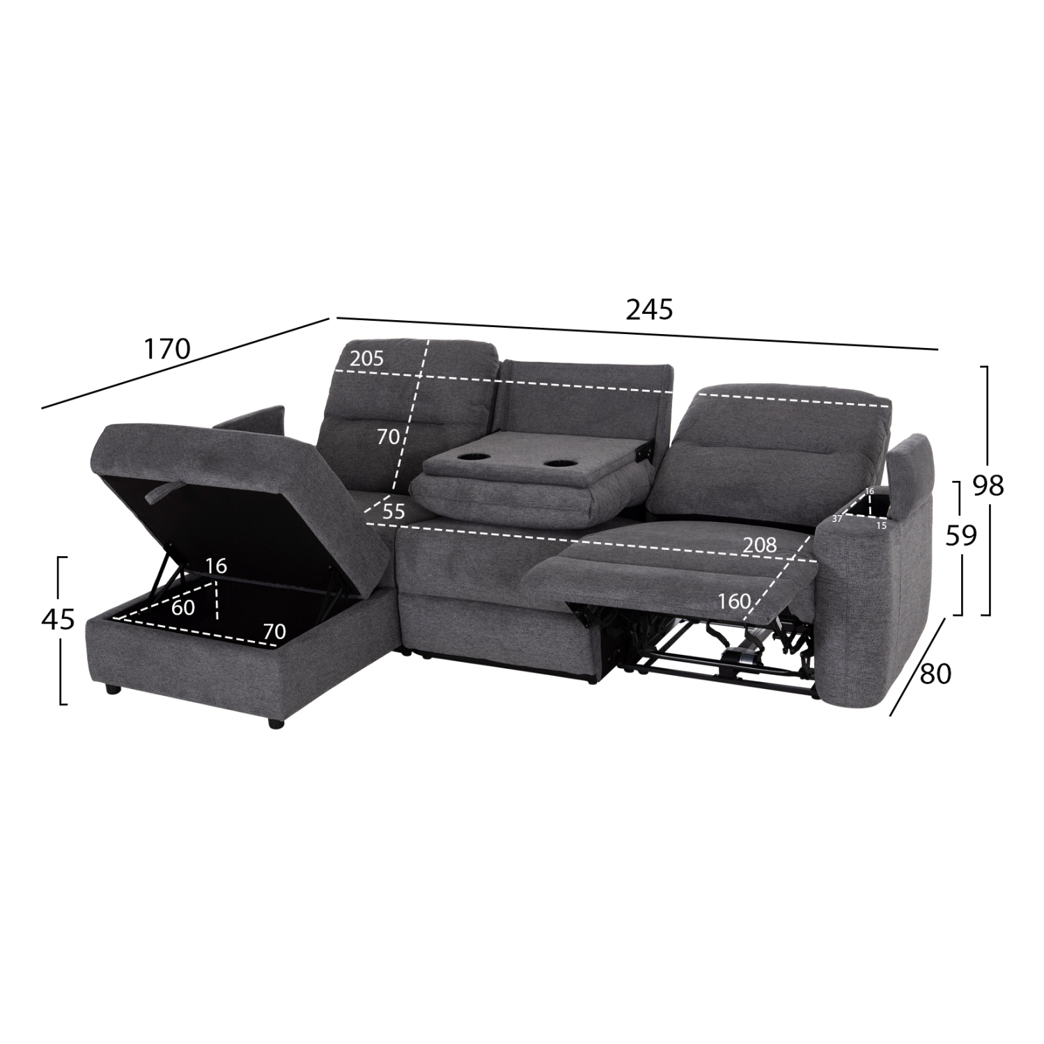ΚΑΝΑΠΕΣ ΑΡΙΣΤΕΡΗ ΓΩΝΙΑ SYNTHIA HM3308.03L ΑΝΑΚΛΙΣΗ & ΑΠΟΘ.ΧΩΡΟΣ--ΓΚΡΙ 245x170x98Υεκ (x1) - Image 2