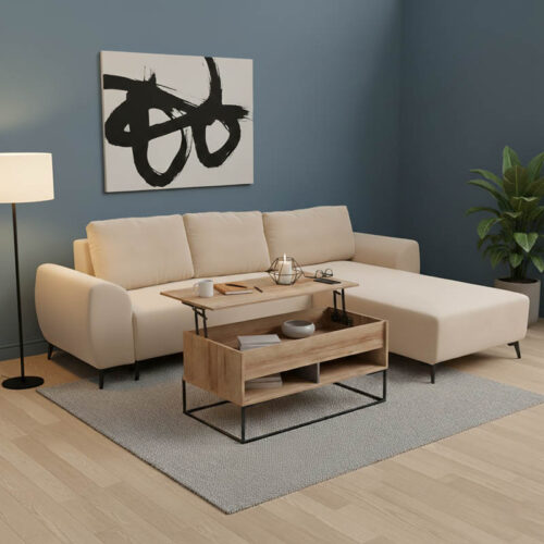 Kαναπές κρεβάτι τριθέσιος αναστρέψιμος Settee pakoworld ύφασμα με αποθηκευτικό χώρο σε μπεζ απόχρωση 286x204x93εκ (x1)