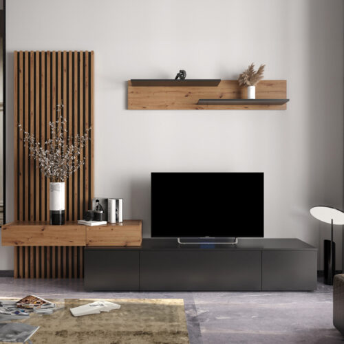 Σύνθετο σαλονιού Litende pakoworld μαύρο-sonoma μελαμίνης 249.5x42x199.5εκ (x1)