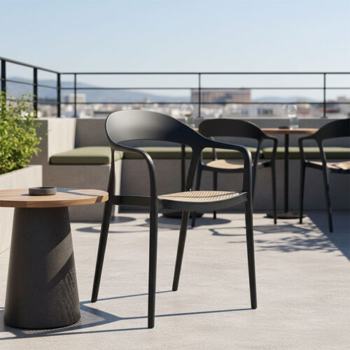 Πολυθρόνα Ember στοιβαζόμενη pakoworld με UV protection PP μπεζ-μαύρο 52.5x56.5x81εκ. (x1)