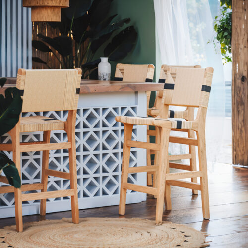 Σκαμπό μπαρ Nelanto pakoworld rubberwood φυσικό-έδρα φυσικό-μαύρο σχοινί 45x46x95εκ (x1)