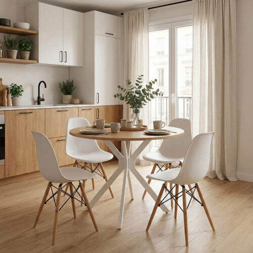 Τραπέζι Xuson pakoworld φυσικό mdf-πόδι λευκό μέταλλο Φ80x75εκ (x1)