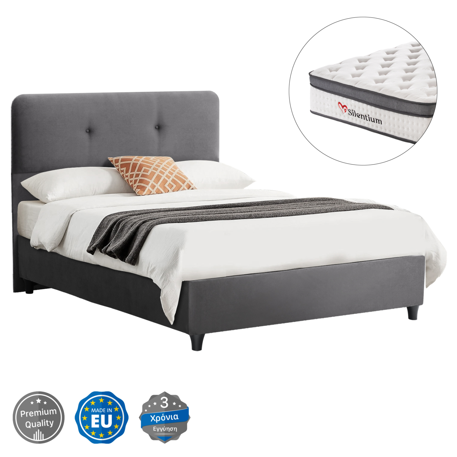 ΚΡΕΒΑΤΙ DOLORES ΜΕ ΣΤΡΩΜΑ HM10746.01 ΓΚΡΙ ΒΕΛΟΥΔΟ--ΓΙΑ 120x200εκ (x1)
