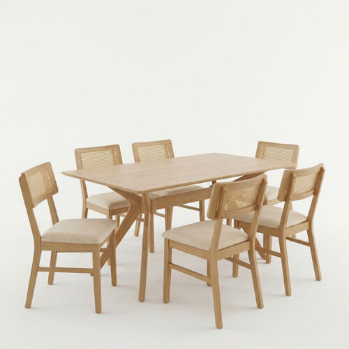 Τραπεζαρία Raffles pakoworld σετ 7τεμ rubberwood με pe rattanσε φυσική απόχρωση 150x90x76εκ (x1)