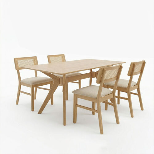 Τραπεζαρία Raffles pakoworld σετ 5τεμ rubberwood με pe rattanσε φυσική απόχρωση 150x90x76εκ (x1)