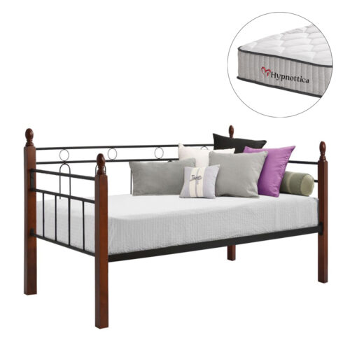 ΚΑΝΑΠΕΣ ΚΡΕΒΑΤΙ ΜΕ ΣΤΡΩΜΑ REVEN HM10755 ΜΕΤΑΛΛΟ & RUBBERWOOD ΣΕ DIRTY OAK--ΣΤΡΩΜΑ 90Χ190εκ (x1)