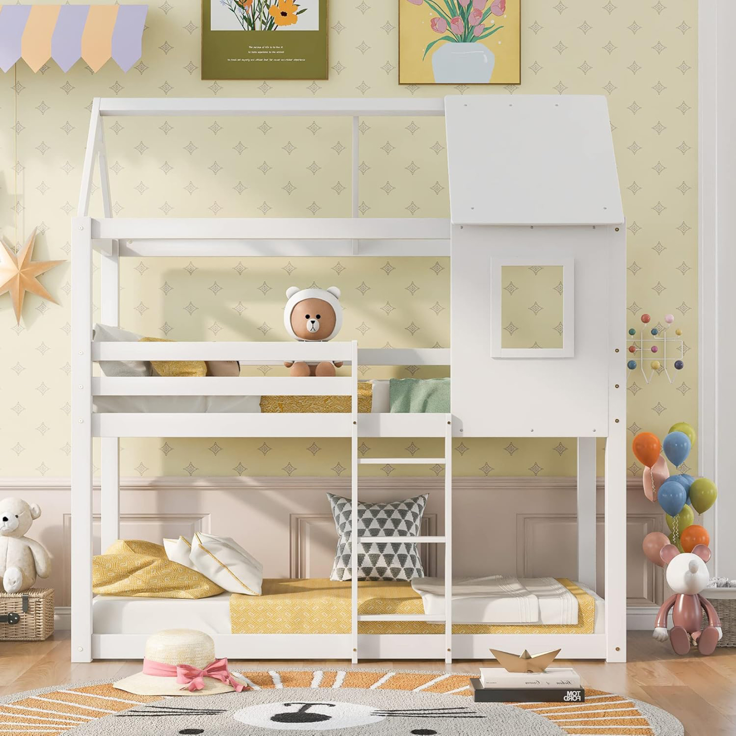 ΠΑΙΔΙΚΗ ΚΟΥΚΕΤΑ ΣΠΙΤΑΚΙ τ.MONTESSORI HOOD HM705.03 ΞΥΛΟ ΠΕΥΚΟΥ ΣΕ ΛΕΥΚΟ-ΣΤΡΩΜΑΤΑ 190x90εκ (x1) - Image 3