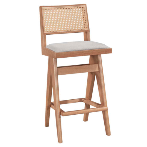 Σκαμπό bar Winslow pakoworld ξύλο rubberwood ανοικτό καρυδί-pvc rattan φυσικό-ύφασμα γκρι 44.5x46x98εκ (x2)
