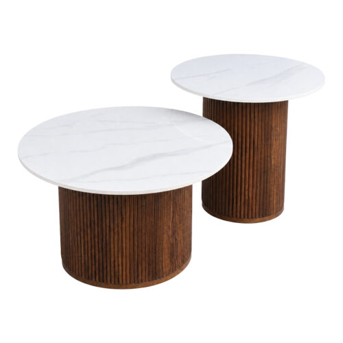 Τραπέζι σαλονιού Skerta pakoworld σετ 2τεμ λευκό sintered stone mdf με καρυδί βάση (x1)