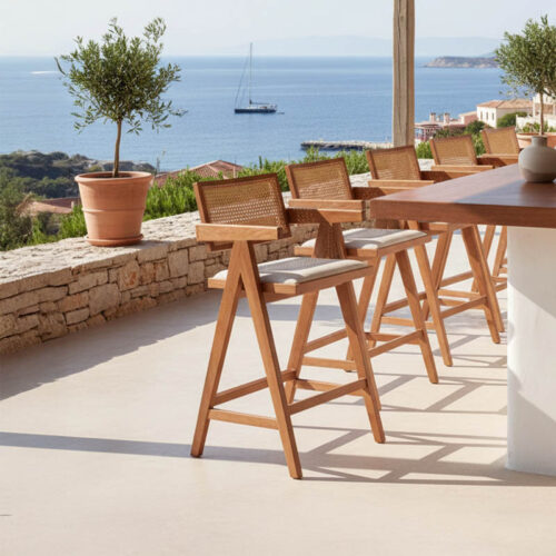 Σκαμπό bar Winslow pakoworld ξύλο rubberwood ανοικτό καρυδί-pvc rattan φυσικό-ύφασμα γκρι (x2)