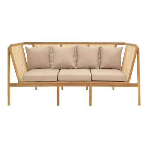 Καναπές τριθέσιος Jenta pakoworld teak ξύλο με rattan σε φυσική απόχρωση και μπεζ μαξιλάρι 203x67x92εκ (x1)