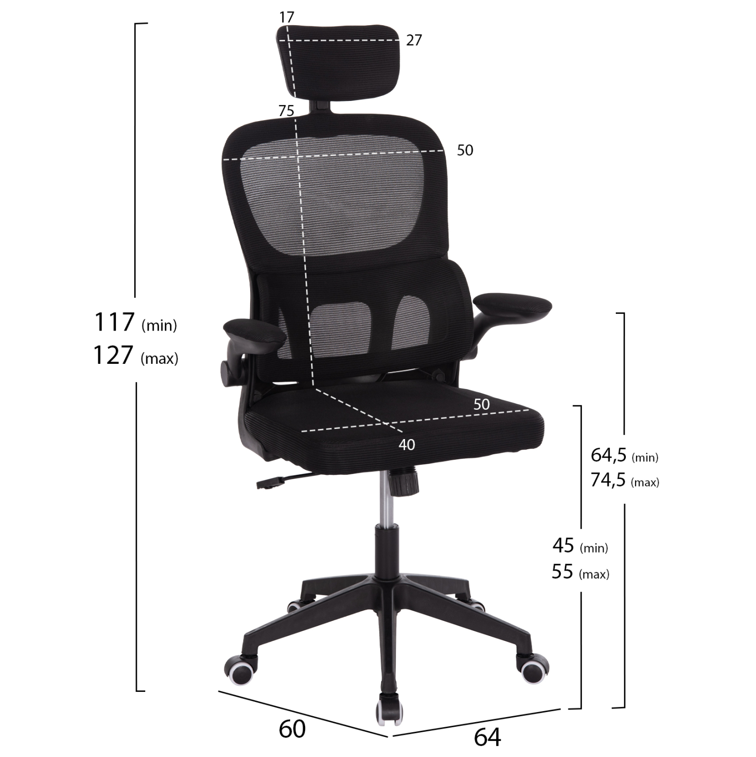 ΚΑΡΕΚΛΑ ΓΡΑΦΕΙΟΥ BASTON HM18236.01 ΜΑΥΡΟ MESH & PP ΣΚΕΛΕΤΟΣ 64x60x117-127Υεκ. (x1) - Image 2