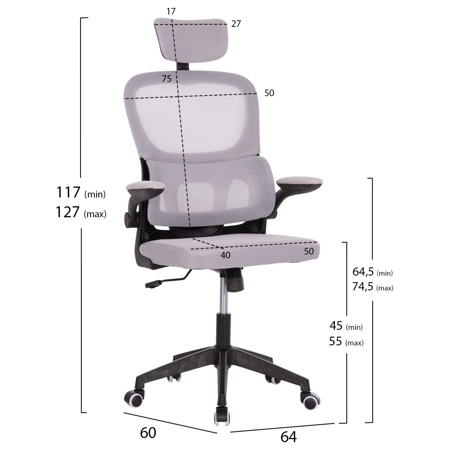 ΚΑΡΕΚΛΑ ΓΡΑΦΕΙΟΥ BASTON HM18236.02 ΓΚΡΙ MESH & ΜΑΥΡΟ PP ΣΚΕΛΕΤΟΣ 64x60x127Υεκ. (x1) - Image 2